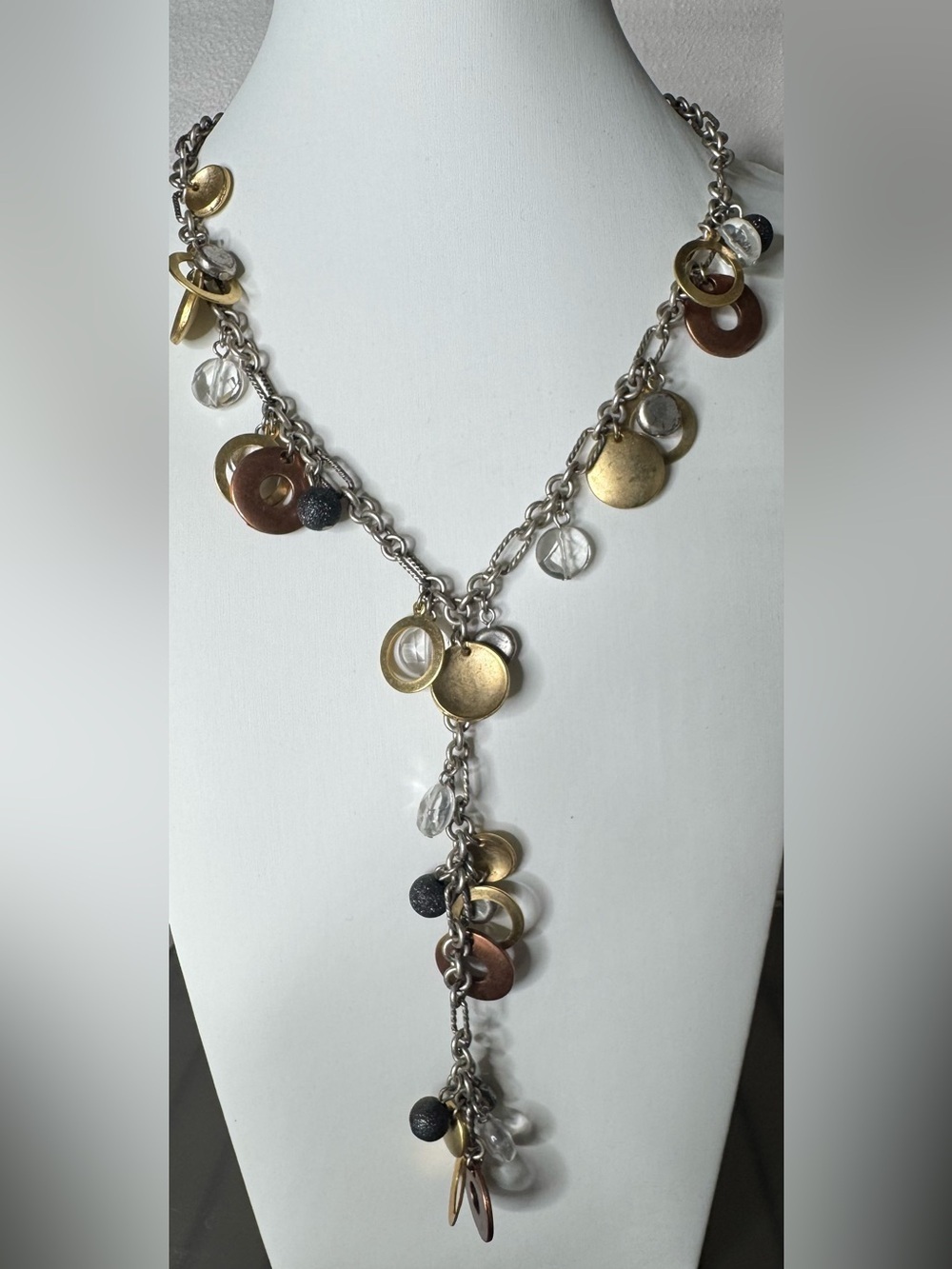 Layered Disc and Bead Y-Necklace in Gold, Silver, Brown boho